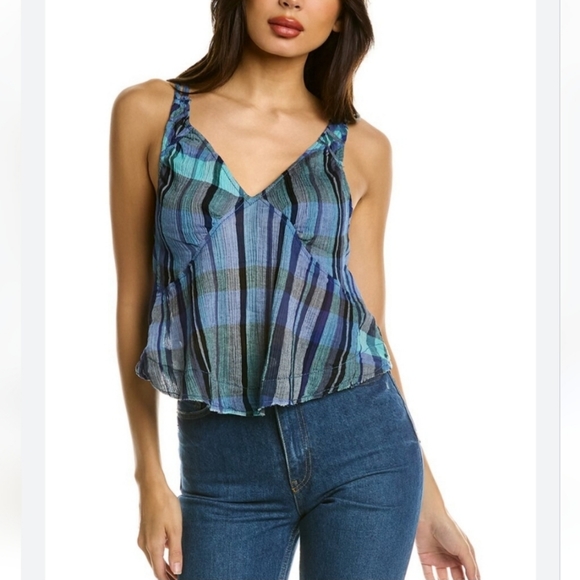 Free People Tops - Free People  We The Free Boho Plaid Cotton Crop Tank Top Size Large Navy Combo